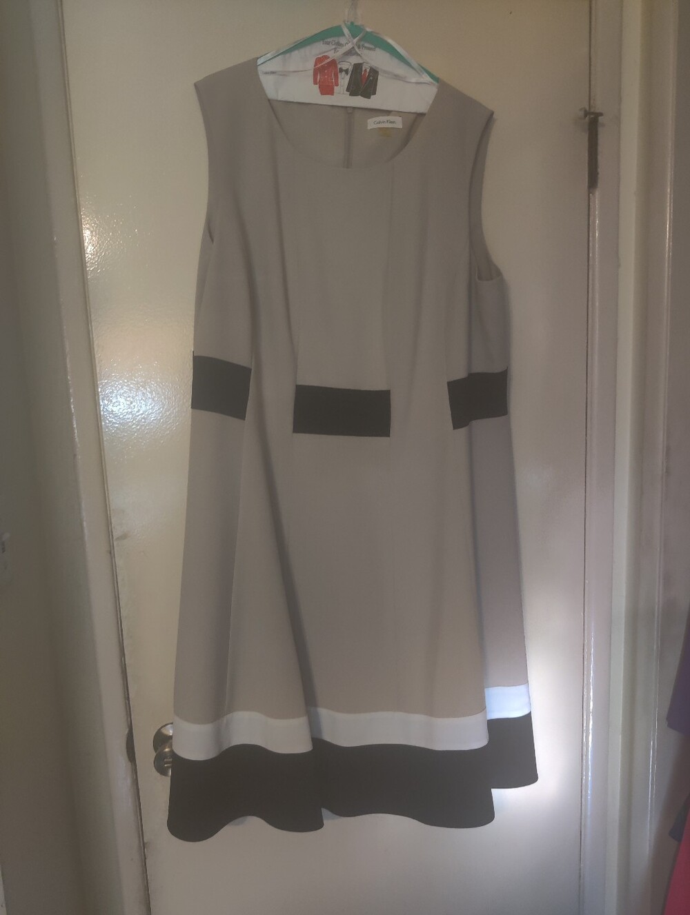 Calvin Klein Taupe Fit-and-Flare Dress with Black & White Bands